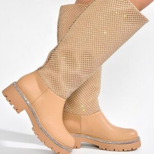 💋NWT💋 CAPE ROBBIN Uniya Women’s Rhinestone Mesh Lug Sole Boots  Size 7